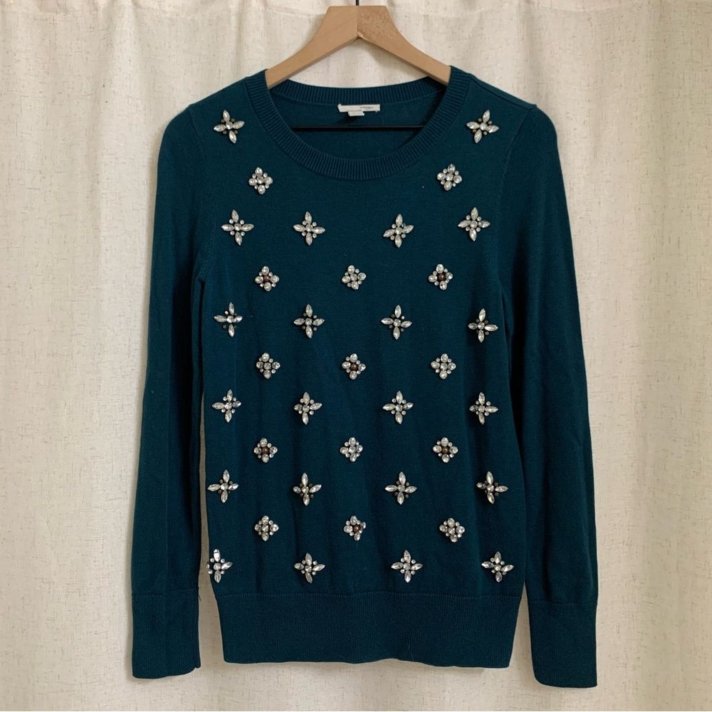 Halogen Wool Blend Longsleeve Crew neck Embellished Rhinestone Sweater Small